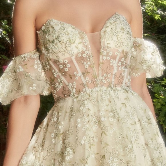 NEW MIDI STRAPLESS BABY'S BREATH EMBROIDERY GOWN WITH PUFF SLEEVES AL A1197 - Picture 5 of 7